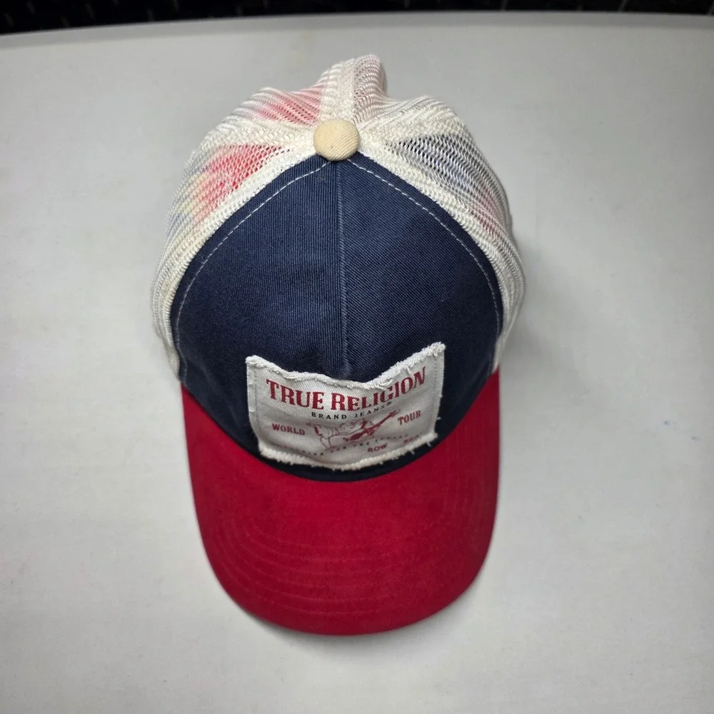 True Religion World Tour Mesh Trucker Hat Navy Red White Snapback OS